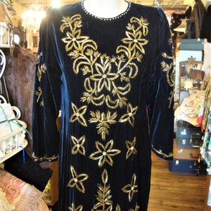 Vintage Midnight Blue Velvet Beaded Dress/Gold Beaded Floral/Size Small image 3