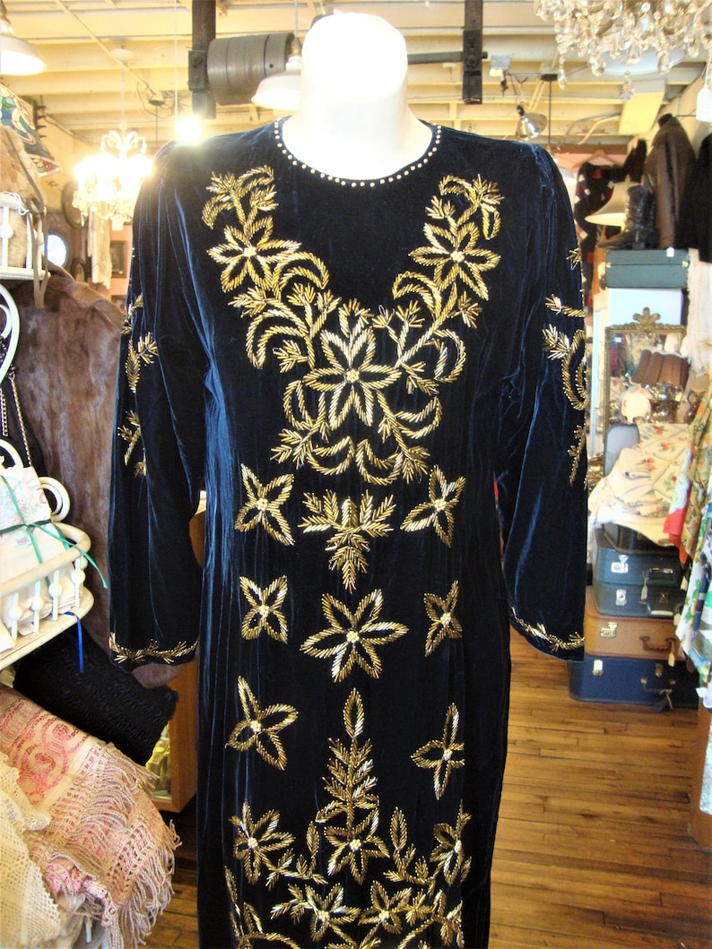 Vintage Midnight Blue Velvet Beaded Dress/Gold Beaded Floral/Size Small image 3