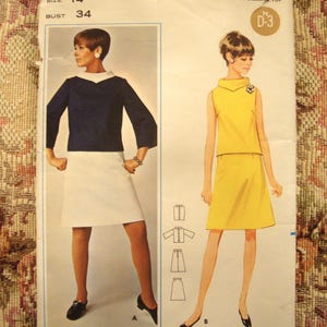 Vintage Butterick 4400 Pattern from the 1960&#39;s / Mod Top with Sleeve Variations and Skirt/34&quot; Bust
