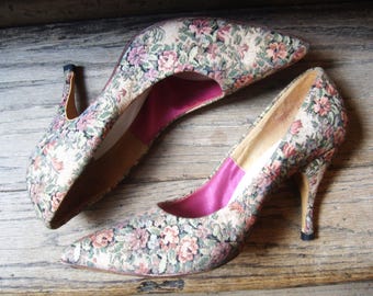 Vintage 1950's 50's 1960's 60's Tapestry High Heel Shoes/Women's Size 8 B
