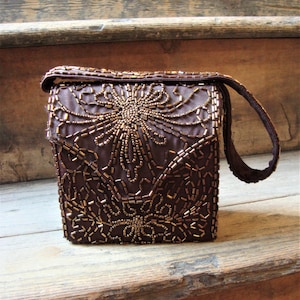 Vintage 1940&#39;s 1950&#39;s Bronze Beaded Box Purse Handbag