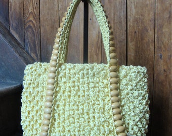 Vintage 1950's 1960's Yellow Cello Raffia Purse with Wooden Beads