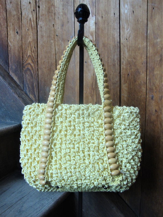 Vintage 1950's 1960's Yellow Cello Raffia Purse wi