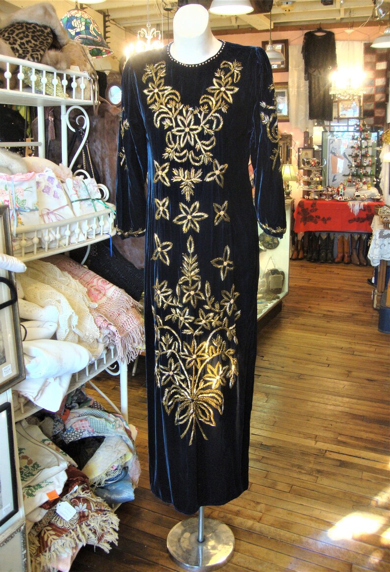 Vintage Midnight Blue Velvet Beaded Dress/Gold Beaded Floral/Size Small image 4