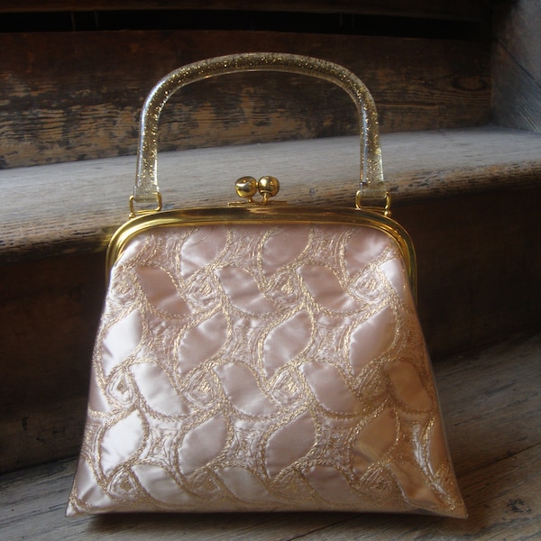 Vintage 1950's 1960's Gold Embroidered Brocade Under Plastic Purse with Gold Confetti Lucite Handle