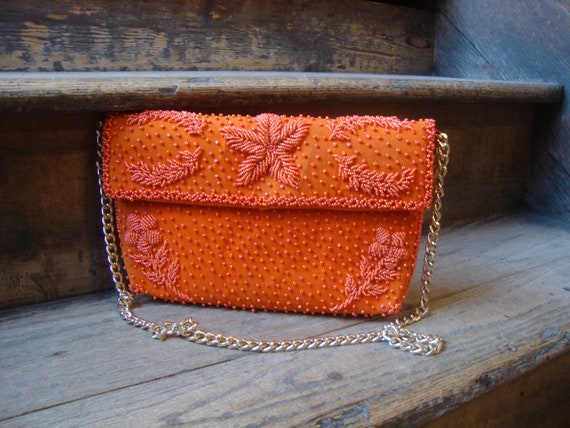Vintage 1960's 1970's Orange Beaded Shoulder Bag P