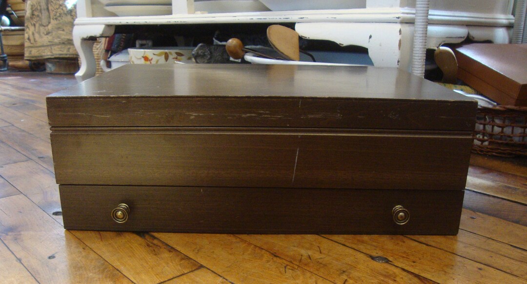 Vintage Wooden Silverware Flatware Box With Drawer/ Medium Brown Finish
