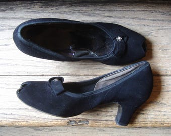 Vintage jaren 40 zwarte suède peep-toe damesschoenen * maat 8 B
