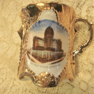 Antique Victorian Porcelain Souvenir Cup: Chicago Post Office, German Souvenirware