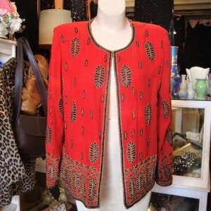 Vintage 1980&#39;s 1990&#39;s Red Silk Chiffon Beaded Jacket Blouse/Unworn/Size Large/NOSWT