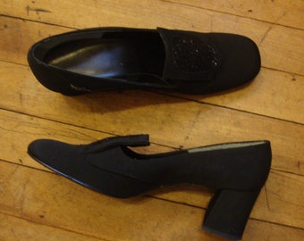 Vintage 1960 schwarz Stoff Chunky Ferse Pumps Schuhe-ungetragen!-Größe 6B