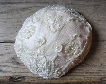 Vintage 1930's 1940's Lace, Netting and Pearls Bridal Headpiece Cap/Custom Made/So Lovely!