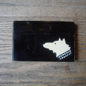 Vintage  1930&#39;s 1940&#39;s Art Deco Celluloid Plastic Card or Cigarette Case with Dog and Rhinestone Collar