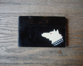 Vintage 1930's 1940 Art Déco Celluloid Plastic Card ou Cigarette Case avec chien et collier strass