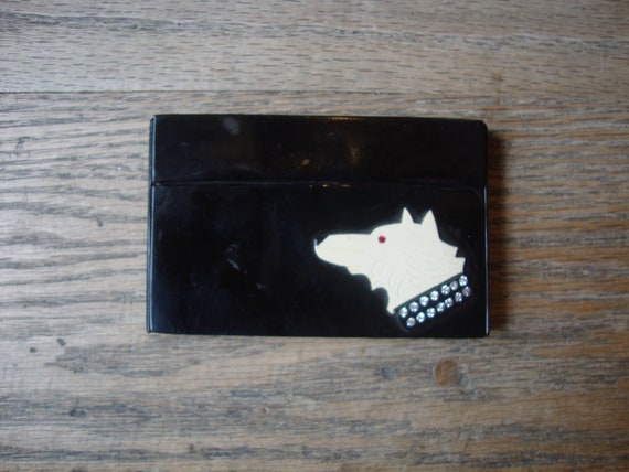 Vintage Art Deco Celluloid Cigarette Case: Dog With Rhinestone Collar