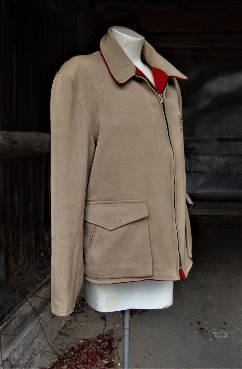 Vintage 1940's 1950's Tan Twill and Red Wool Reversible Back Belt Jacket Size 44 image 4