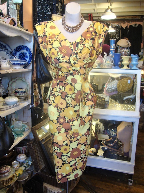 Vintage 1950's 50's Alix of Miami Cotton Print Wiggle Sundress With Built  in Bra/size 42 Bust 