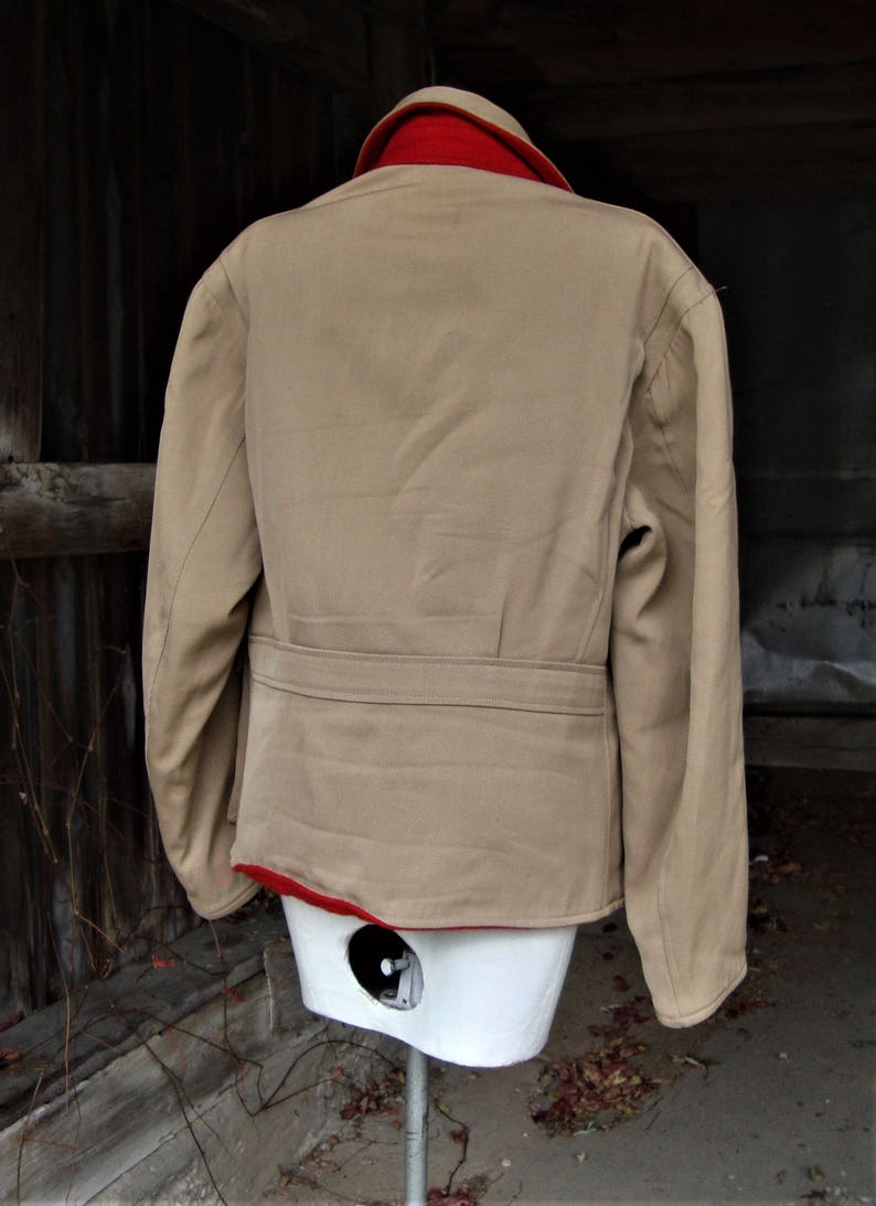 Vintage 1940's 1950's Tan Twill and Red Wool Reversible Back Belt Jacket Size 44 image 6