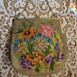 Vintage 1920&#39;s Floral Pettipoint Flapper Purse Handbag/Hand Made/Downton Era/Beautiful Colors!