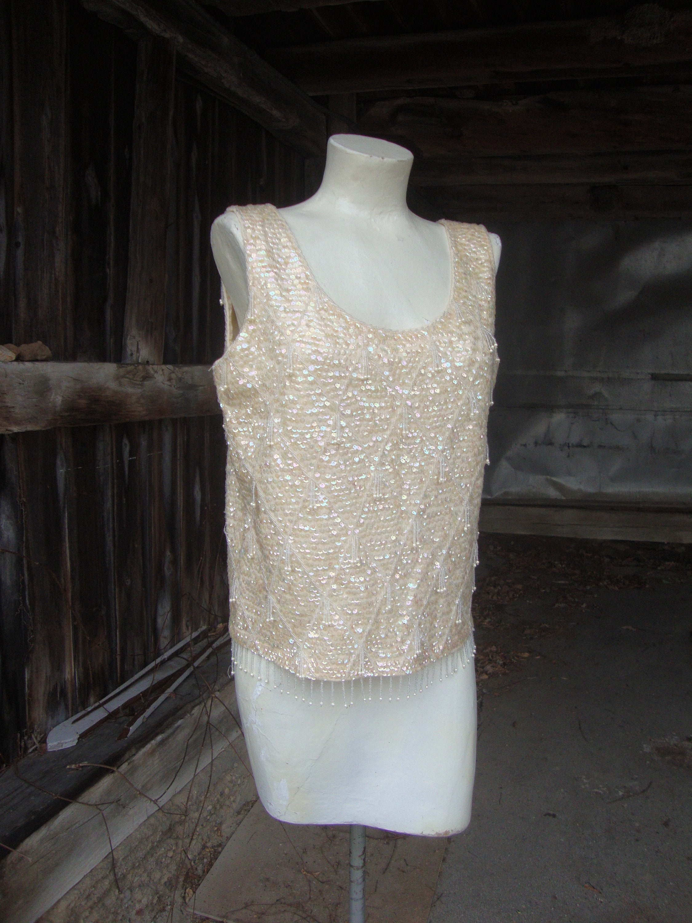 1960's Champagne Sequin and Beaded Tank Shell Top Small | Etsy