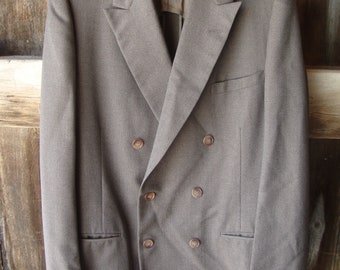 Vintage Light Brown Wool Double Breasted Suit Sport Jacket * Custom Tailored* 1958 * 42" Chest Long