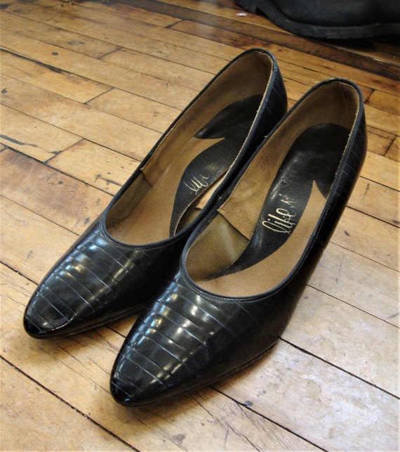 Vintage 1960's Faux Alligator Shoes Pumps/Black/L… - image 5