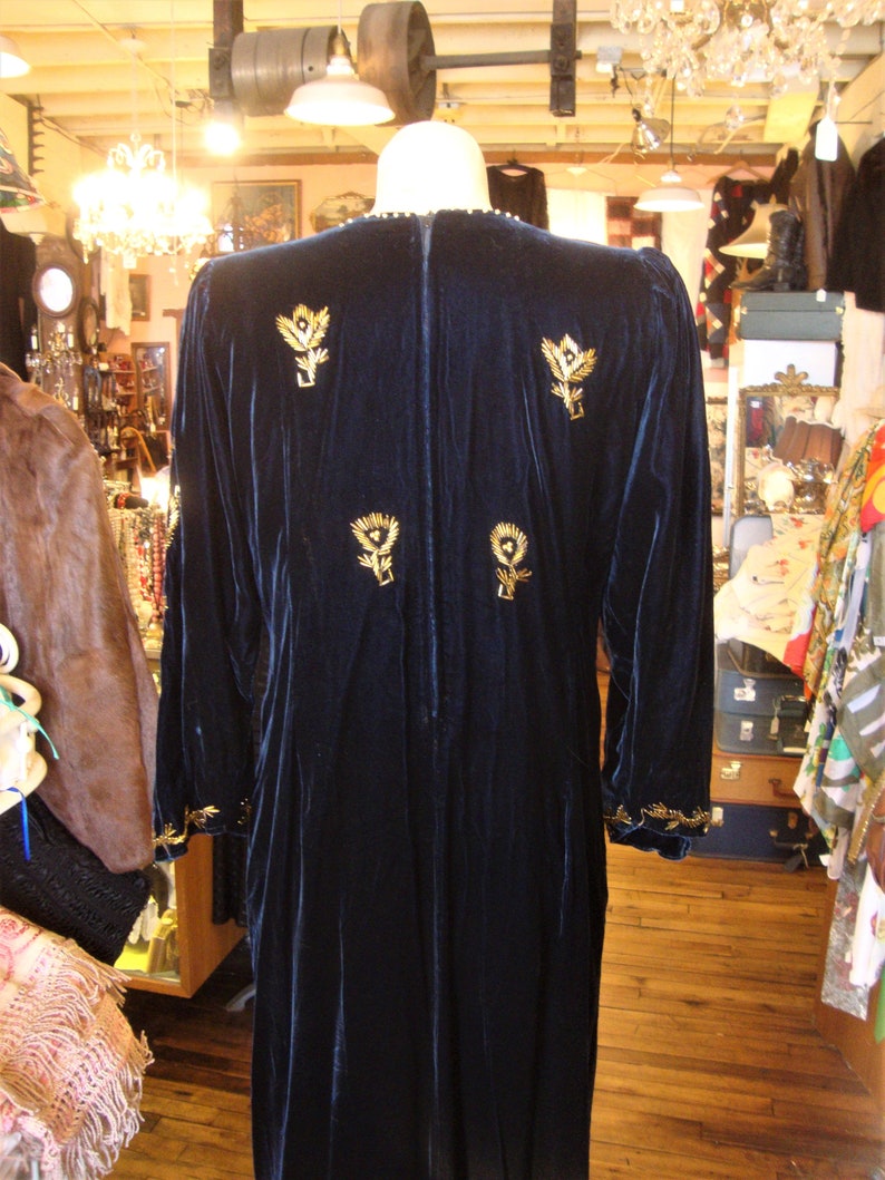 Vintage Midnight Blue Velvet Beaded Dress/Gold Beaded Floral/Size Small image 9