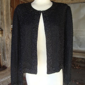 Vintage Black Beaded Silk Trophy Party Jacket by Stenay/Size Small