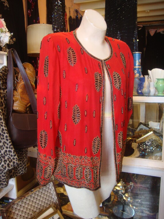 Vintage 1980's 1990's Red Silk Chiffon Beaded Jac… - image 3