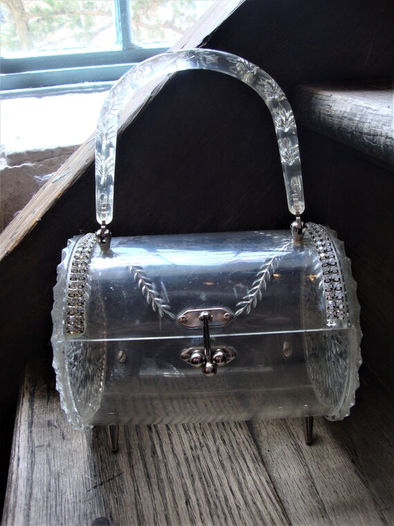 Vintage 1950's Clear Carved Lucite and Rhinestone
