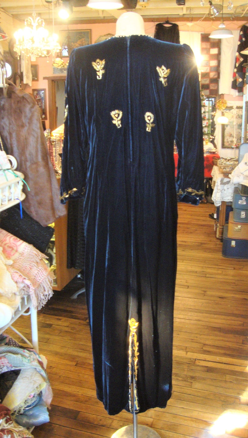 Vintage Midnight Blue Velvet Beaded Dress/Gold Beaded Floral/Size Small image 8