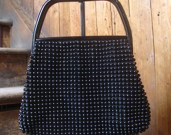 Vintage 1950's Large Plastic Black Beaded Purse