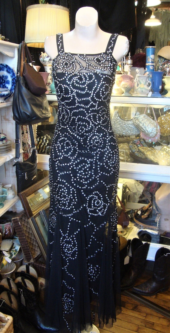 Aiden Mattox Black Net Dress With Godet Hemline and Beaded