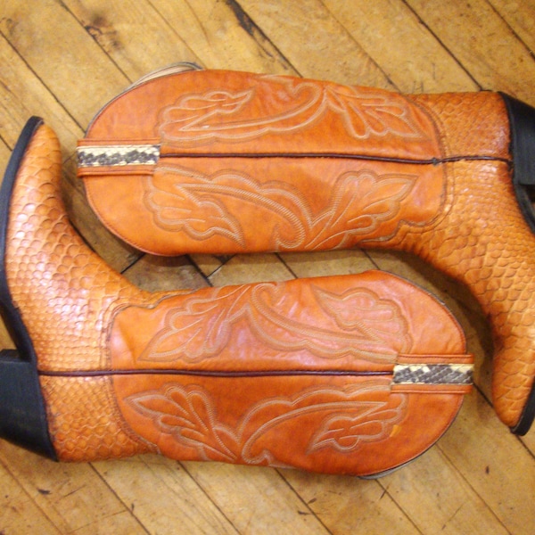 Bottes de cowboy western vintage en cuir rouille et reptiles