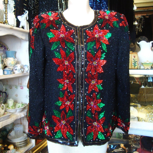 Vintage Silk Beaded and Sequin Trophy Jacket Pointsettia  Design by Laurence Kazar * Large