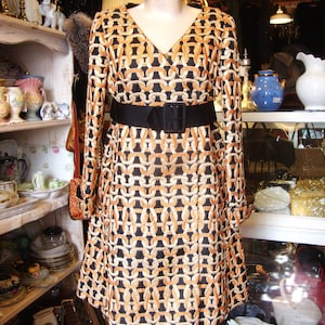Vintage 1960&#39;s oro metálico y cobre en negro Mod abrigo vestido/pequeño a mediano