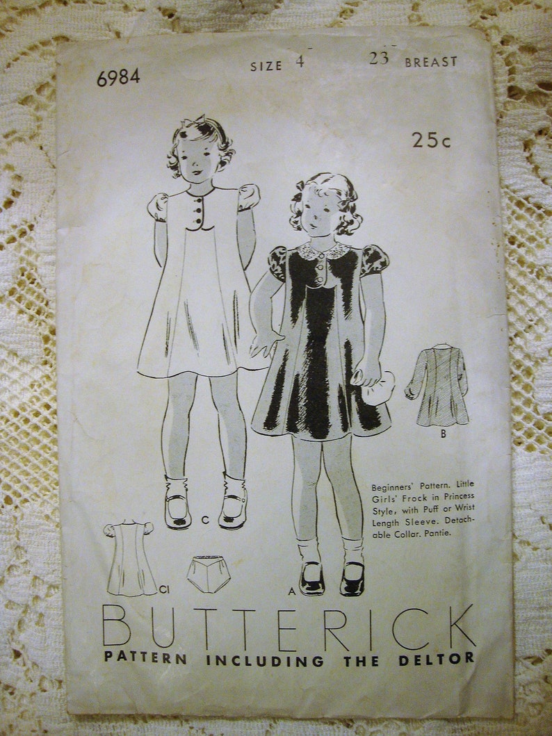 Vintage 1930's Butterick Sewing Pattern for Little Girl's Puff Sleeve Dress and Panties * Size 4 