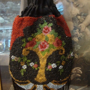 Antique Victorian Edwardian Heavily Beaded Drawstring Purse Handbag/Downton/Flapper/Floral