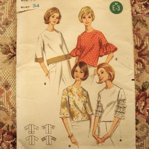 Vintage 1960&#39;s Sewing Pattern Butterick 3989 Pretty Blouses/ 34&quot; Bust