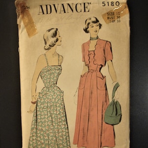Vintage 1940&#39;s 1950&#39;s Sewing Pattern Advance 5180 Sundress and Bolero Jacket with Scalloped Trim