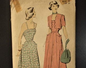 Vintage 1940's 1950's Sewing Pattern Advance 5180 Sundress and Bolero Jacket with Scalloped Trim