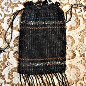 Vintage 1920&#39;s  20&#39;s Black Beaded Flapper Purse with Multicolor Stripes and Fringe/Downton