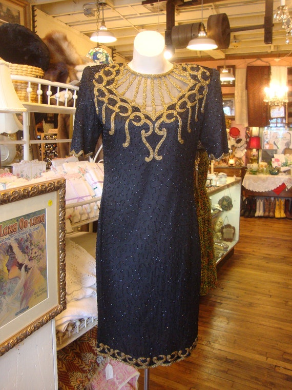 Vintage 1980's 1990's Black and Gold Beaded Silk D