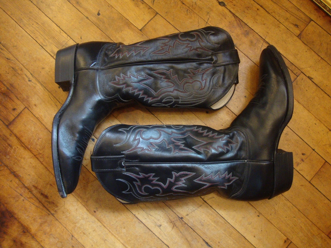 Vintage Justin Black Leather Western Cowboy Boots/men's Size 9D Etsy