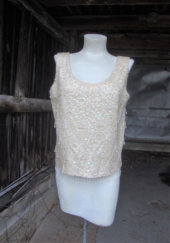 1960's Champagne Sequin and Beaded Tank Shell Top 
