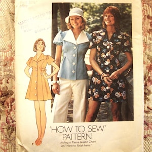 Vintage 1970er Schnittmuster von Einfachheit halber 6220 für Oberteil oder Kleid mit Knopfleiste vorne