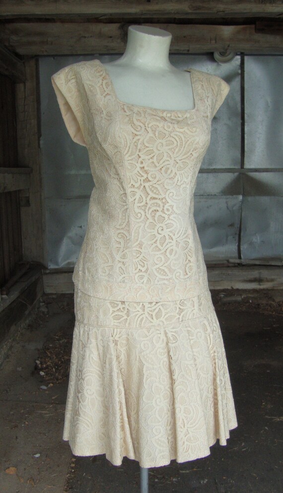 Vintage 1960's Ecru Lace 2 Piece Dress with Flippy