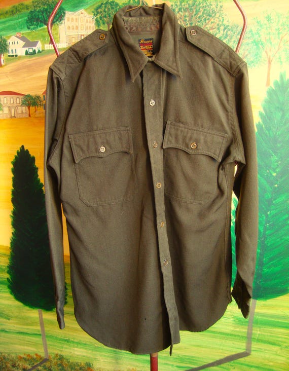 Vintage 1930's 40's Wool Chin Strap Work/Military Shirt/Dark Olive Green