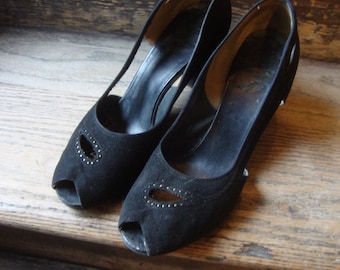 Vintage jaren 40 Dream Step zwarte suède peep-toe schoenen/maat 8,5, gemiddelde breedte