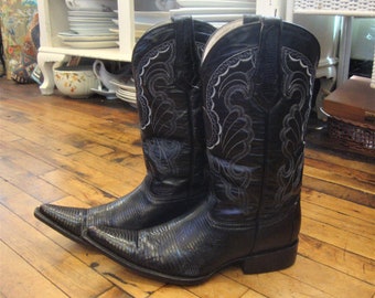 Vintage Black Leather and Reptile Western Cowboy Boots by El Conquistador/Extended Toes/Men's Size 8.5/Great Condition!